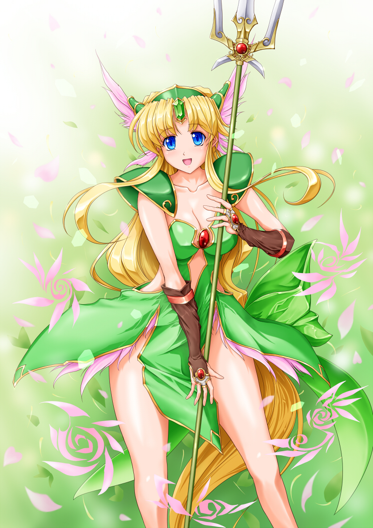 1girl :d absurdly_long_hair blonde_hair blue_eyes blush breasts brown_gloves cleavage collarbone dress fingerless_gloves forehead_jewel gloves green_dress hair_intakes helmet holding holding_weapon large_breasts long_hair looking_at_viewer low-tied_long_hair open_mouth pauldrons petals polearm raochuu riesz seiken_densetsu seiken_densetsu_3 smile solo spear tied_hair trident very_long_hair weapon winged_helmet