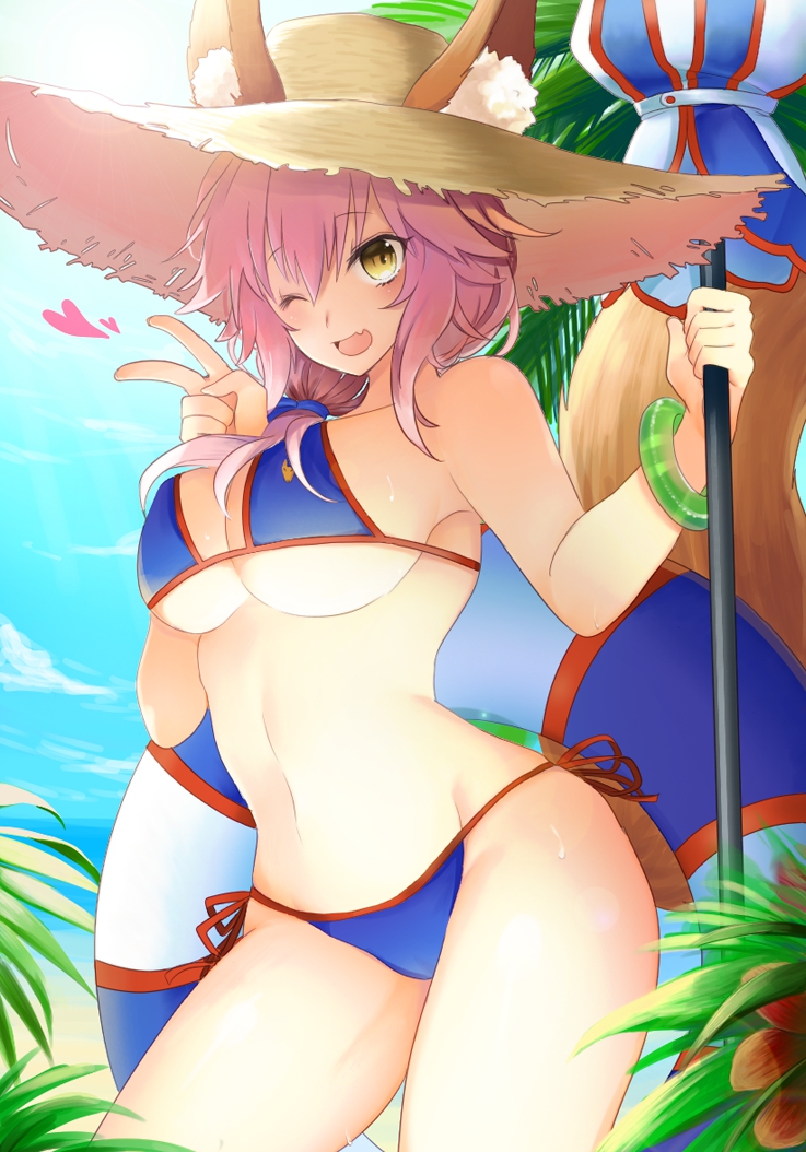 1girl animal_ears bikini blush breasts cleavage closed_umbrella fang fate/extra fate/grand_order fate_(series) fox_ears fox_tail heart kirie_nozomi large_breasts navel one_eye_closed open_mouth palm_tree palms parasol pink_hair solo swimsuit tail tamamo_(fate)_(all) tamamo_no_mae_(fate) tamamo_no_mae_(swimsuit_lancer)_(fate) tree umbrella under_boob v yellow_eyes