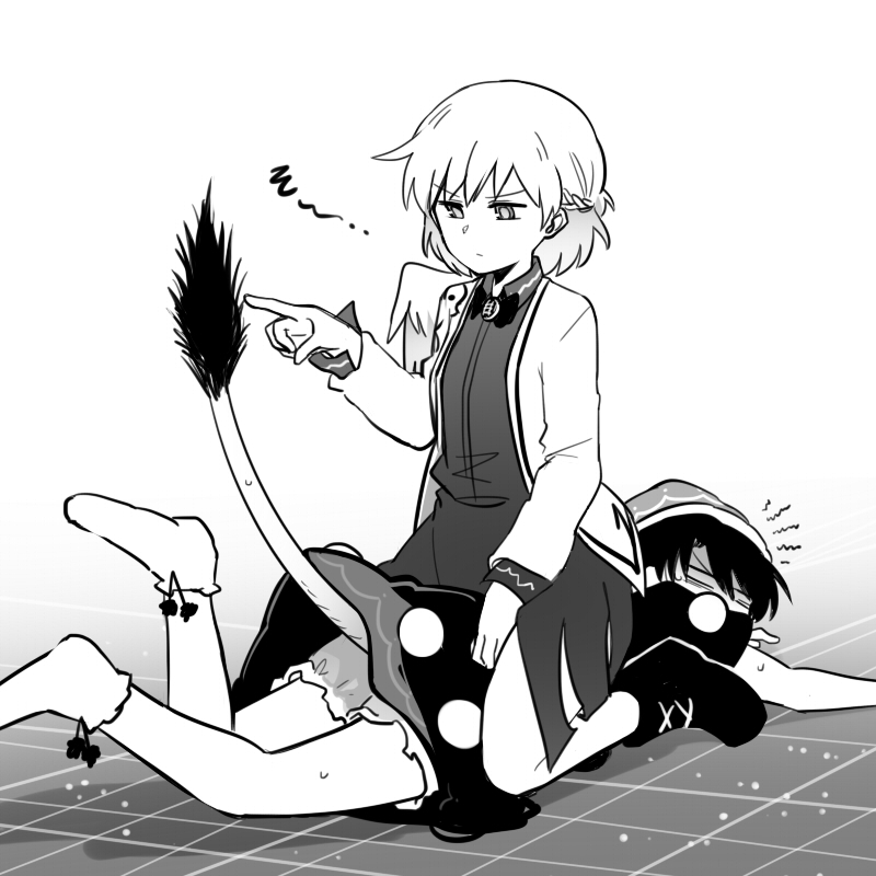 &gt;:( 2girls angel_wings angry doremy_sweet dress greyscale hat jacket kishin_sagume legacy_of_lunatic_kingdom long_sleeves looking_at_another looking_back lying monochrome multiple_girls nightcap on_stomach open_clothes open_jacket pointing pointing_finger pom_pom_(clothes) shirt short_hair single_wing sisikuku sitting sitting_on_person tail tapir_tail touhou wings
