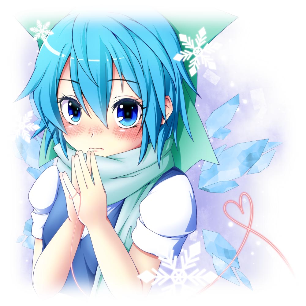 1girl :&lt; blue_eyes blue_hair blush bow cirno hair_bow heart heart_of_string ice ice_wings red_string semikichi snowflakes solo string touhou wings