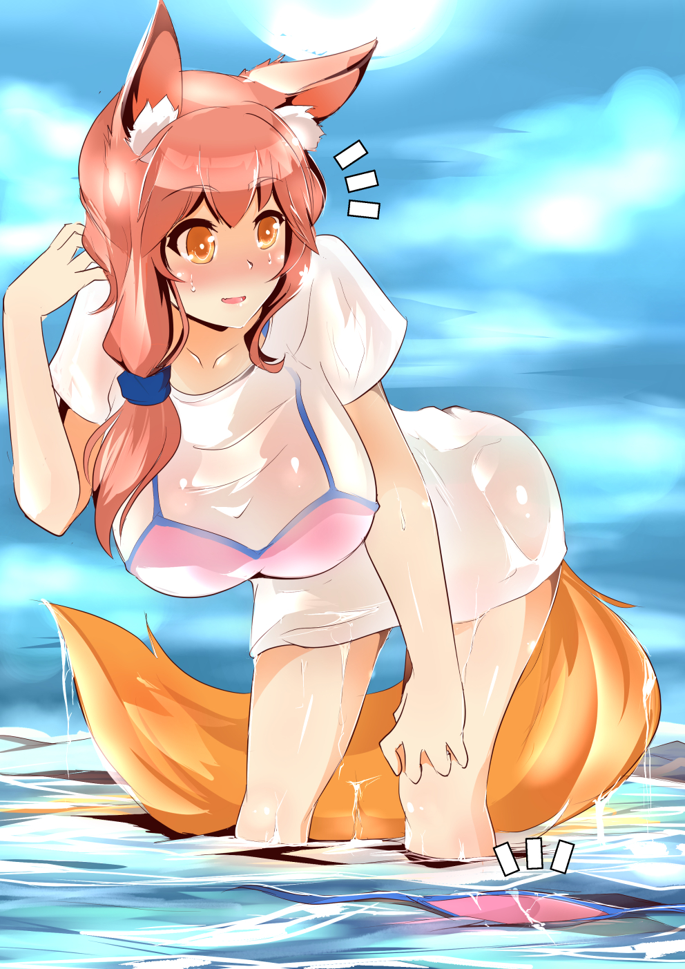 1girl animal_ears bikini bikini_bottom_removed bikini_top blush breasts clouds cloudy_sky fate/extra fate/grand_order fate_(series) fox_ears fox_tail hair_over_shoulder hand_on_own_knee highres large_breasts leaning_forward long_hair open_mouth pink_hair ponytail see-through shirt short_sleeves sky solo sweet swimsuit syntier13 tail tamamo_(fate)_(all) tamamo_no_mae_(swimsuit_lancer)_(fate) water white_shirt yellow_eyes