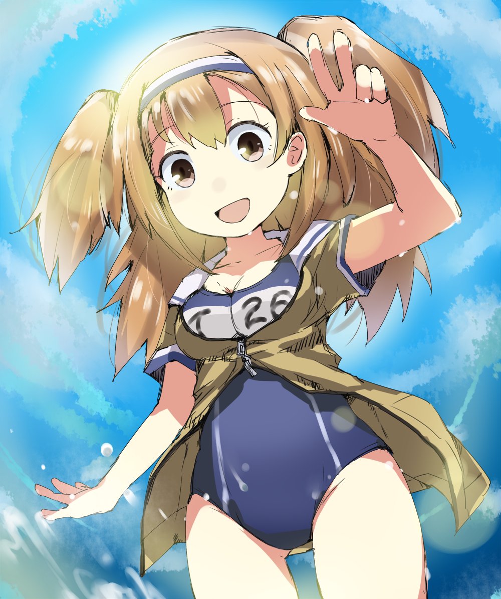 1girl :d breasts clothes_writing gedou_(ge_ge_gedou) hairband i-26_(kantai_collection) kantai_collection large_breasts light_brown_eyes light_brown_hair long_hair looking_at_viewer name_tag new_school_swimsuit open_clothes open_mouth sailor_collar school_swimsuit short_sleeves smile solo swimsuit swimsuit_under_clothes two_side_up v