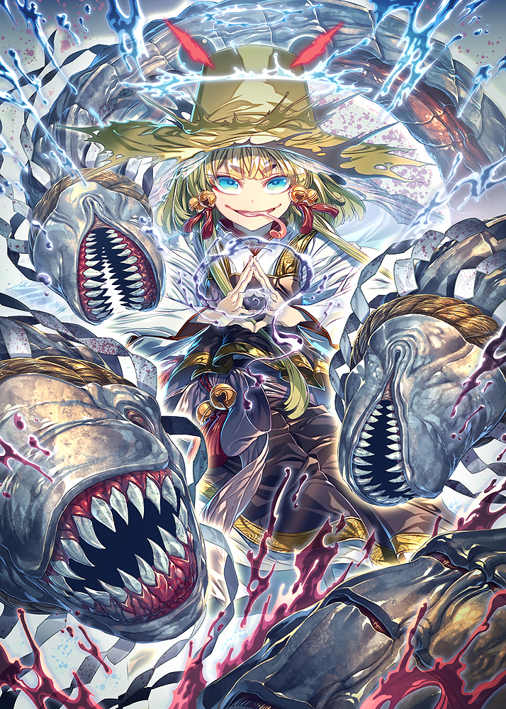 1girl adapted_costume aura bell blonde_hair blue_eyes energy eyebrows eyebrows_visible_through_hair fingers_together hair_bell hair_ornament long_sleeves looking_at_viewer mishaguji monster moriya_suwako no_eyes purple_skirt pyonta red_eyes rope scales sharp_teeth shimenawa shiny shiny_clothes shiny_hair shiny_skin shirt short_eyebrows short_hair skirt smile stance teeth tongue tongue_out touhou water white_shirt wide_sleeves wind zounose