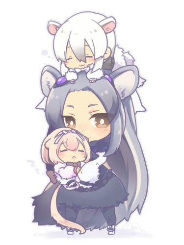 3girls animal_ears anteater_ears anteater_tail black_hair black_legwear blush bow bowtie brown_bow brown_bowtie brown_eyes brown_hair chibi closed_eyes dot_nose eyebrows frills full_body giant_anteater_(kemono_friends) gradient_hair grey_hair hair_between_eyes hair_ornament hairband height_difference holding kemono_friends light_brown_hair light_smile long_hair long_sleeves lowres lying_on_another maora_oto multicolored_hair multiple_girls on_head outline pantyhose shadow short_hair short_over_long_sleeves sidelocks signature silky_anteater_(kemono_friends) simple_background size_difference sleeping southern_tamandua_(kemono_friends) standing streaked_hair tail tamandua_ears tamandua_tail thick_eyebrows tsurime underbust very_long_hair white_background white_bow white_bowtie white_hairband zzz