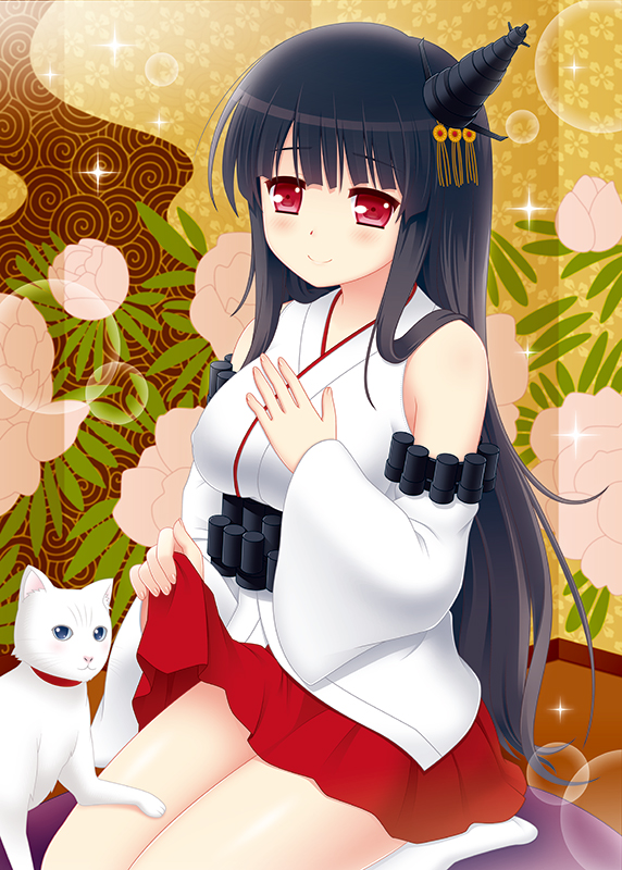 1girl bangs black_hair blunt_bangs blush breasts cat cpu_(hexivision) detached_sleeves erect_nipples fusou_(kantai_collection) hair_ornament headgear japanese_clothes kantai_collection large_breasts lifted_by_self long_hair looking_at_viewer nail_polish nontraditional_miko pink_nails red_eyes red_skirt seiza sidelocks sitting skirt skirt_lift smile socks solo sparkle white_legwear