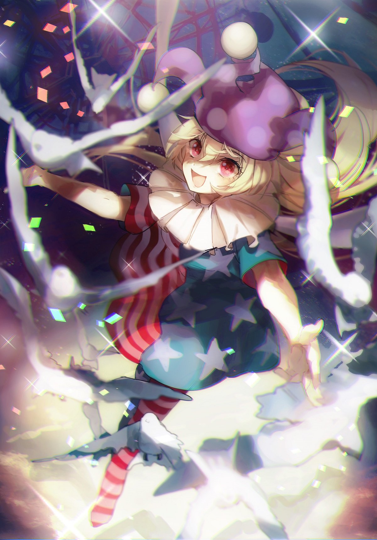 1girl american_flag_dress american_flag_legwear bird blonde_hair chromatic_aberration clownpiece dress hat highres jester_cap long_hair neck_ruff no-kan open_mouth outstretched_arms pantyhose polka_dot red_eyes short_dress short_sleeves sketch smile solo touhou