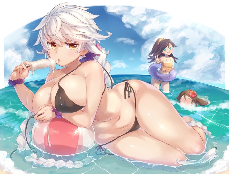 3girls amagi_(kantai_collection) ball bikini black_bikini black_hair blue_eyes blush braid breasts brown_eyes brown_hair cleavage closed_eyes clouds covering covering_breasts curvy holding in_water kantai_collection katsuragi_(kantai_collection) large_breasts long_hair looking_at_viewer multiple_girls navel ocean partially_submerged popsicle scrunchie sexually_suggestive silver_hair single_braid sky smile soaking_feet sparkle swimming swimsuit unryuu_(kantai_collection) untied untied_bikini very_long_hair wading water wavy_hair white_hair wide_hips wrist_scrunchie yamaarashi