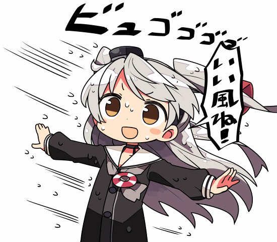 1girl :d amatsukaze_(kantai_collection) black_dress blush blush_stickers brown_eyes buttons commentary_request dress hair_tubes kanikama kantai_collection lifebuoy long_hair long_sleeves no_gloves open_mouth outstretched_arms rain sailor_dress school_uniform serafuku short_dress silver_hair smile solo text translated two_side_up wet wind windsock