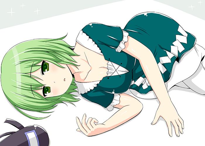 1girl :o adapted_costume blush breasts cleavage collarbone cpu_(hexivision) dress frilled_sleeves frills green_dress green_eyes green_hair hat hat_removed headwear_removed large_breasts looking_at_viewer lying matching_hair/eyes on_side pantyhose short_hair short_sleeves skirt soga_no_tojiko solo tate_eboshi touhou white_legwear white_skirt