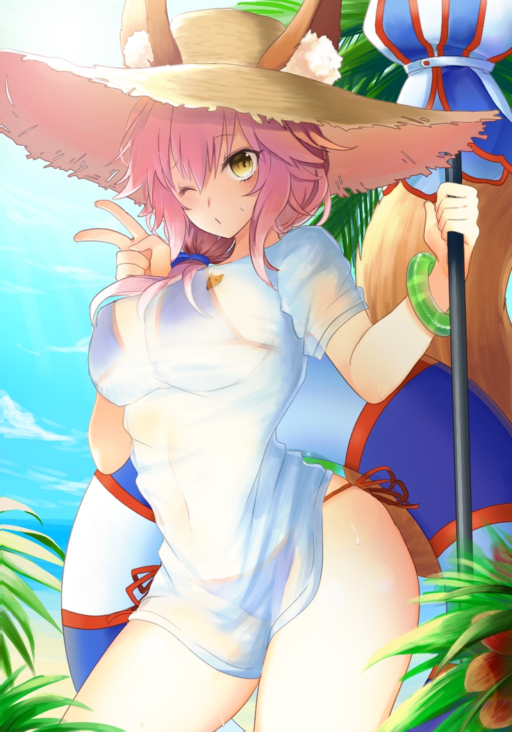 1girl animal_ears bikini blush breasts cleavage closed_umbrella fate/extra fate/grand_order fate_(series) fox_ears fox_tail kirie_nozomi large_breasts one_eye_closed palm_tree palms parasol pink_hair see-through shirt solo swimsuit tail tamamo_(fate)_(all) tamamo_no_mae_(fate) tamamo_no_mae_(swimsuit_lancer)_(fate) tree umbrella v white_shirt yellow_eyes