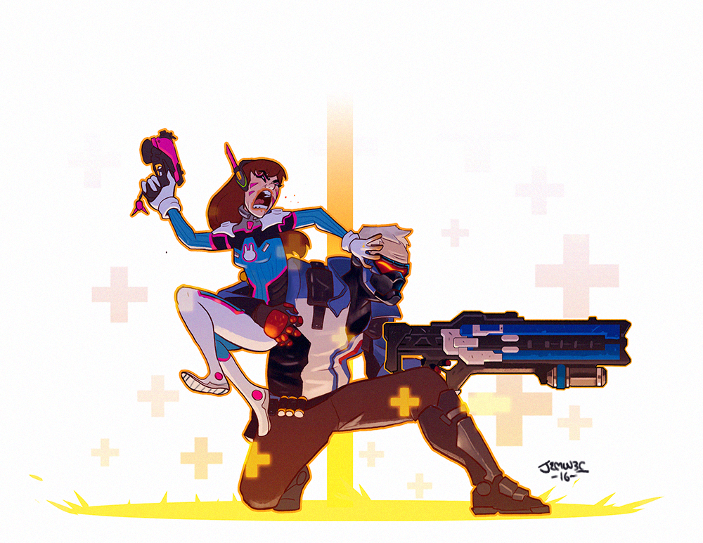 1boy 1girl artist_name assault_rifle bangs battle_rifle belt_pouch bodysuit boots bracer breasts breasts_apart brown_hair bunny_print carrying charm_(object) closed_eyes commentary covered_mouth d.va_(gremlin) d.va_(overwatch) doritos energy_gun explosive face_mask facepaint facial_mark food food_on_face from_side full_body gameplay_mechanics gloves grenade gun hand_on_another's_head hand_up handgun headphones healing holding holding_gun holding_weapon holster jacket knee_boots long_hair long_sleeves mask overwatch pants pauldrons pilot_suit red_gloves restrained ribbed_bodysuit rifle short_hair shoulder_pads signature soldier:_76_(overwatch) solo thigh-highs thigh_boots turtleneck visor weapon whisker_markings white_boots white_gloves white_hair yosilog