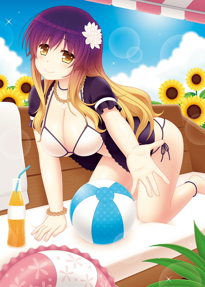 1girl adapted_costume all_fours arm_garter ball beachball bead_bracelet bead_necklace bikini blonde_hair blush bracelet breasts cleavage cpu_(hexivision) drink flower foreshortening gradient_hair hijiri_byakuren jewelry large_breasts lens_flare long_hair looking_at_viewer multicolored_hair necklace open_clothes open_shirt purple_hair reaching_out shirt short_sleeves side-tie_bikini smile solo sparkle sunflower sunlight swimsuit touhou under_boob white_bikini yellow_eyes