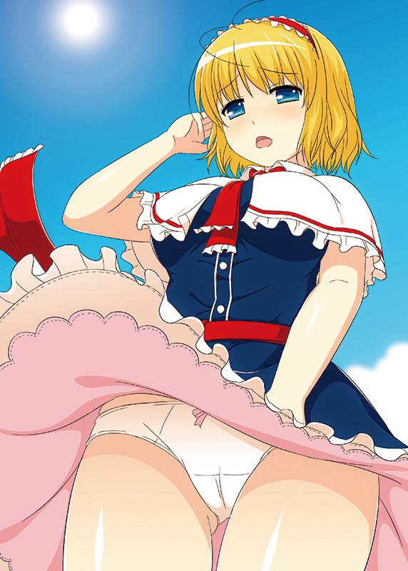 1girl alice_margatroid ascot blonde_hair blue_dress blue_eyes blush bow bow_panties breasts capelet cowboy_shot cpu_(hexivision) dress from_below gluteal_fold hairband large_breasts lolita_hairband looking_at_viewer open_mouth panties pantyshot pantyshot_(standing) sash short_hair solo standing sunlight touhou underwear white_panties wind wind_lift