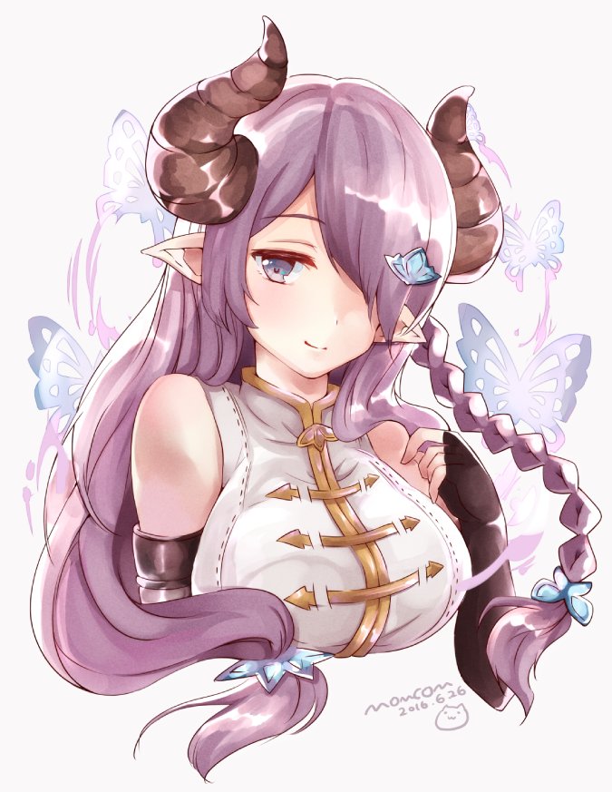 1girl bare_shoulders black_gloves braid breasts cow_girl cow_horns dress elbow_gloves female fingerless_gloves furiten gloves granblue_fantasy hair_ornament hair_over_one_eye hairclip horns large_breasts long_hair looking_at_viewer narumeia_(granblue_fantasy) pointy_ears purple_hair simple_background solo upper_body violet_eyes white_background