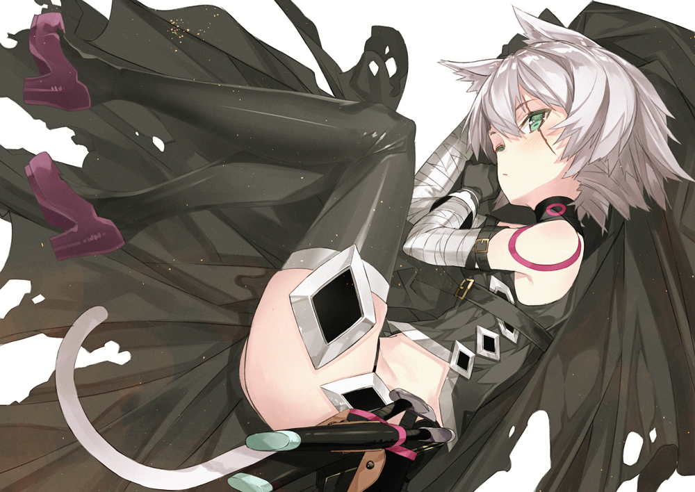 1girl animal_ears arm_belt arm_pillow armor assassin_of_black bandage bandaged_arm bangs bare_shoulders black_gloves black_legwear black_panties bodypaint cat_ears cat_tail closed_mouth eyelashes fate/apocrypha fate/grand_order fate_(series) flat_chest full_body furisuku gloves green_eyes hair_between_eyes high_heels kemonomimi_mode light_particles looking_at_viewer lying on_side panties purple_shoes scar scar_across_eye shoes short_hair silver_hair simple_background sleeveless solo tail thigh-highs underwear weapon white_background