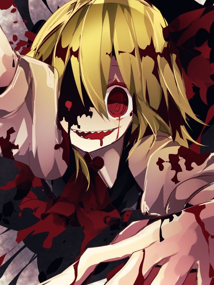 1girl blonde_hair blood bloody_tears blouse bow crazy_eyes crazy_smile darkness frayed_clothes grin hair_bow hair_ribbon nikorashi-ka open_mouth outstretched_arms red_bow red_eyes red_ribbon ribbon rumia shadow sharp_teeth short_hair smile solo teeth touhou upper_body vest white_blouse wing_collar