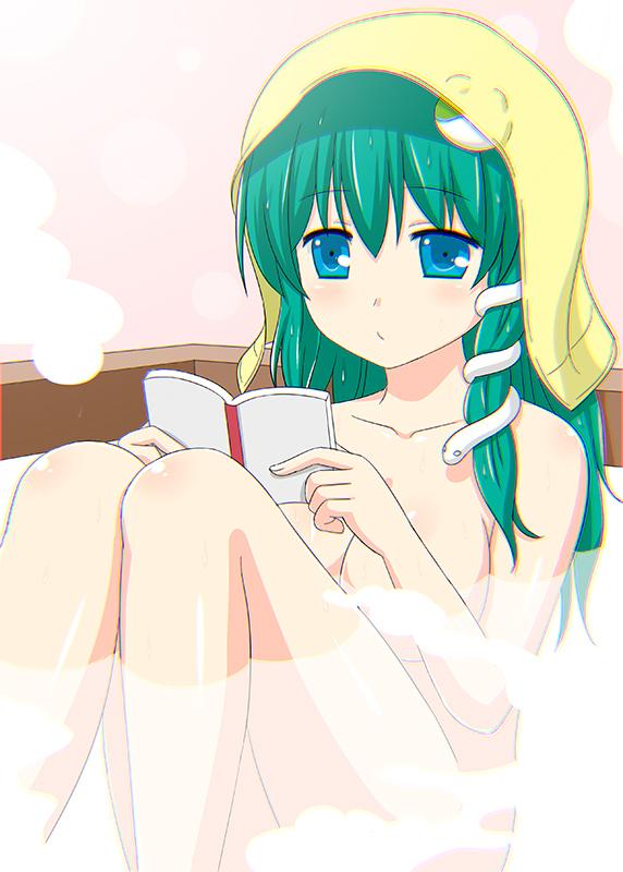 1girl :/ bath blue_eyes blush book breasts collarbone cpu_(hexivision) frog_hair_ornament green_eyes hair_ornament holding holding_book knees_up kochiya_sanae large_breasts long_hair nude partially_submerged reading snake_hair_ornament solo steam touhou towel towel_on_head