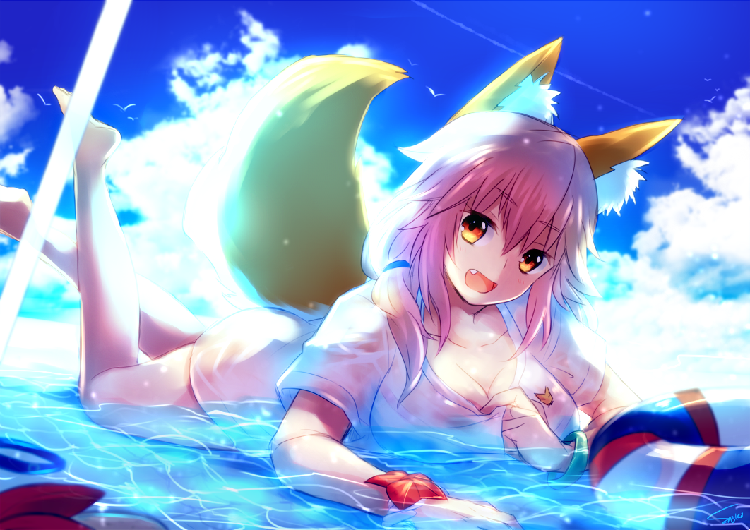 1girl animal_ears ass bare_legs barefoot breasts clouds cloudy_sky fang fate/extra fate/grand_order fate_(series) fox_ears fox_tail innertube large_breasts legs_up long_hair looking_at_viewer lying on_stomach open_mouth partially_submerged pink_hair shiki_(kurotoshiki) shirt sky solo tail tamamo_(fate)_(all) tamamo_no_mae_(swimsuit_lancer)_(fate) water wet wet_clothes white_shirt yellow_eyes