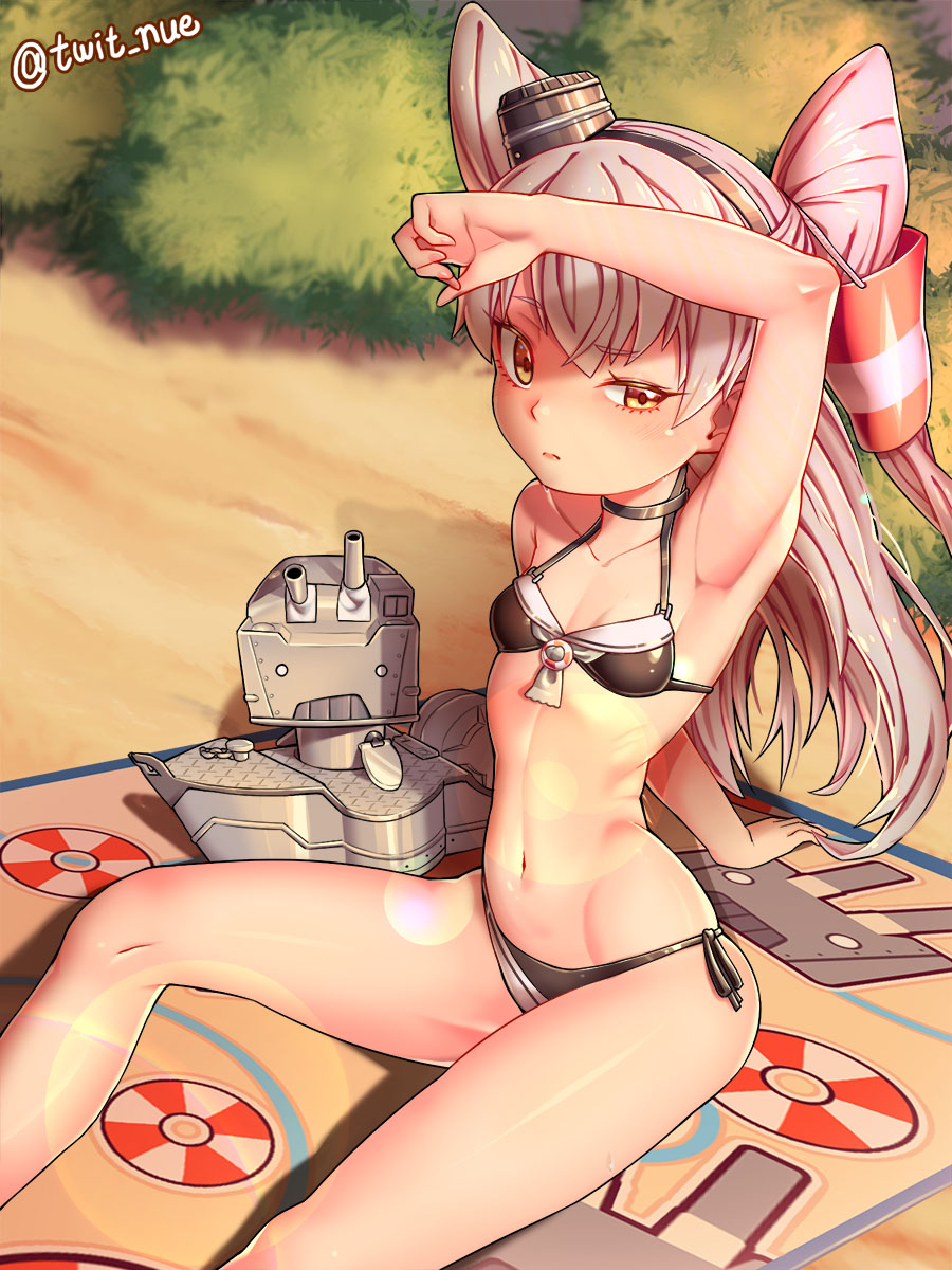 1girl adapted_costume amatsukaze_(kantai_collection) arm_up armpits bare_shoulders bikini breasts bush choker collarbone hair_tubes half-closed_eye highres kantai_collection lifebuoy long_hair navel o_o orange_eyes plant rensouhou-kun side-tie_bikini silver_hair sitting small_breasts solid_circle_eyes sun_glare swimsuit towel twintails twitter_username two_side_up vanety windsock