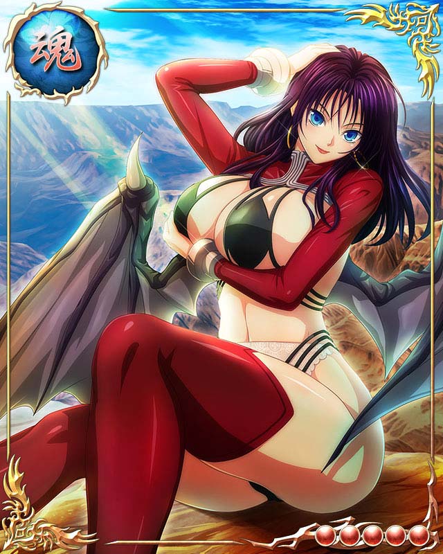 1girl ass bastard!! blue_eyes breast_hold breasts card_(medium) demon_wings detached_collar detached_sleeves earrings fingerless_gloves floating_hair garter_belt garter_straps large_breasts legs long_hair looking_at_viewer mobage outdoors porno_dianno purple_hair sitting sky smile solo thigh_boots thighs thong wind wings