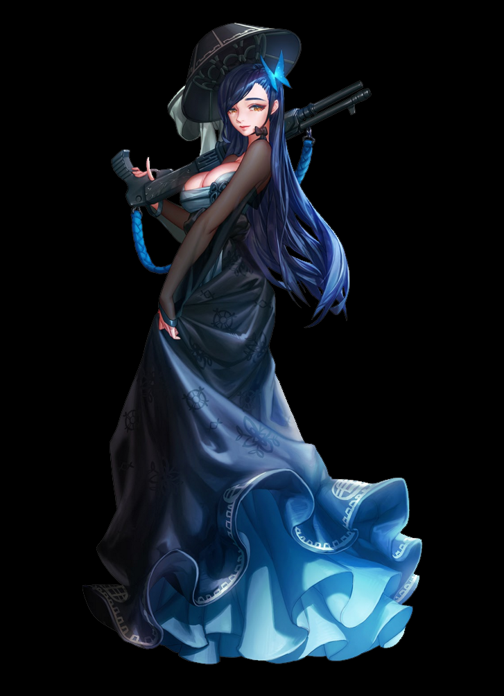 1girl bangs blue_dress blue_hair breasts brown_eyes butterfly_hair_ornament cleavage dress finger_on_trigger formal gun hair_ornament hat herowarz korean_clothes large_breasts light_smile long_dress long_hair looking_at_viewer mulin official_art over_shoulder print_dress rote_(herowarz) shotgun sleeves_past_wrists solo swept_bangs weapon weapon_over_shoulder