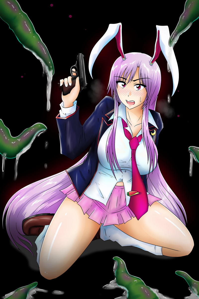 1girl animal_ears bangs blazer blush boots breasts brown_boots collared_shirt crescent crescent_moon_pin dark eyebrows eyebrows_visible_through_hair gun handgun heavy_breathing highres holding holding_gun holding_weapon jacket kneehighs kneeling large_breasts light_particles long_hair long_sleeves loose_necktie miniskirt necktie open_collar open_mouth pink_eyes pink_necktie pink_skirt pleated_skirt purple_hair rabbit_ears raised_eyebrow reisen_udongein_inaba shiny shiny_hair shiny_skin shirt sidelocks skirt solo spread_legs sweatdrop tasuro115 taut_clothes taut_shirt teeth tentacle touhou untucked_shirt very_long_hair weapon white_shirt