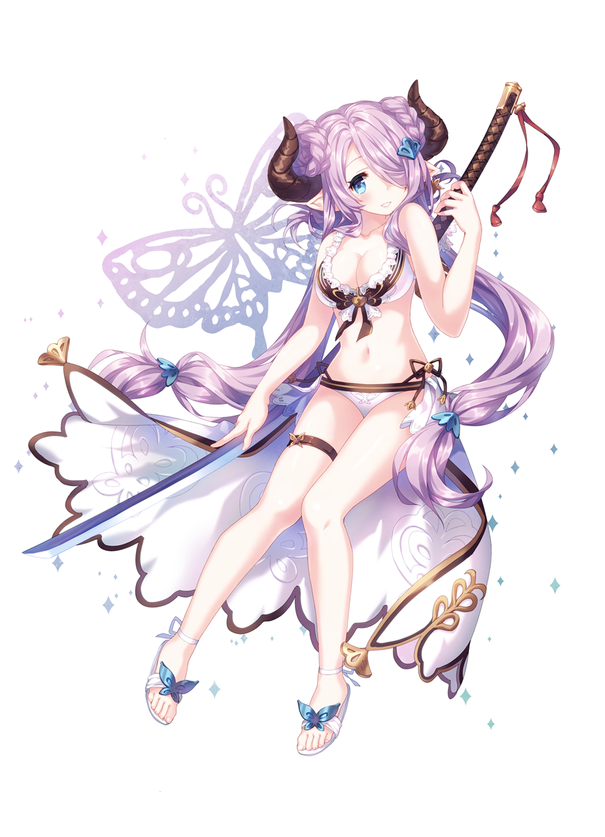 1girl :s alternate_costume bare_arms bare_shoulders bikini black_ribbon blue_eyes breasts butterfly_background cleavage collarbone doraf double_bun front-tie_bikini front-tie_top full_body granblue_fantasy hair_over_one_eye head_tilt highres holding holding_sword holding_weapon horn horns katana lock long_hair low-tied_long_hair medium_breasts narinn narumeia_(granblue_fantasy) navel no_legwear open_mouth pink_hair pointy_ears ribbon sandals simple_background skindentation solo stomach_bulge swimsuit sword tassel teeth thigh_strap tied_hair unsheathed very_long_hair weapon white_background white_bikini