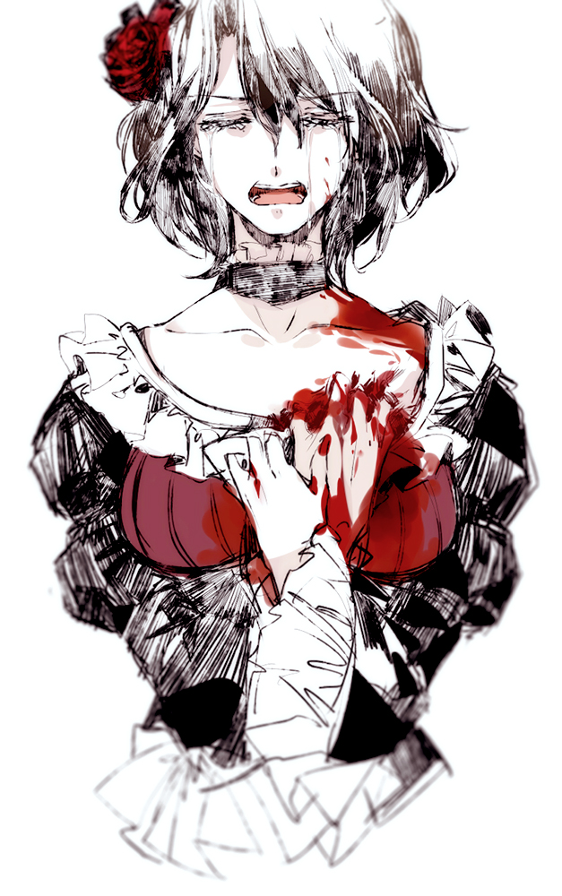 1girl beatrice beatrice_(cosplay) blood choker closed_eyes cosplay crying dress flower hair_flower hair_ornament hand_on_own_chest hug_(yourhug) monochrome open_mouth shannon spot_color tears umineko_no_naku_koro_ni upper_body wide_sleeves