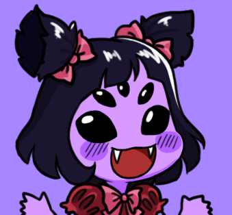1girl black_eyes black_hair blush blush_stickers bow chibi extra_eyes fangs gyate_gyate hair_bow hands insect_girl lowres monster monster_girl muffet open_mouth puffy_sleeves purple_background purple_skin short_twintails simple_background smile solo spider_girl twintails undertale upper_body yaruky