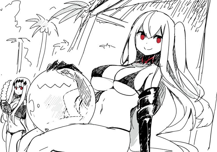 2girls aircraft_carrier_oni aircraft_carrier_water_oni ball bands beach beachball bikini black_bikini black_skin breasts claws cleavage collarbone female food hair_between_eyes hair_ornament ice_cream kantai_collection large_breasts long_hair monochrome multiple_girls nature navel one_side_up outdoors palm_tree plant red_eyes shinkaisei-kan simple_background sitting skindentation sky smile spot_color swimsuit tree under_boob very_long_hair white_background white_skin yuzuki_gao