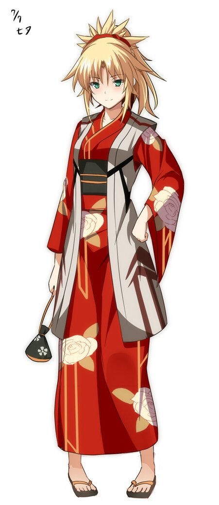 1girl alternate_costume blonde_hair blush fate/apocrypha fate_(series) floral_print full_body green_eyes hand_on_hip hirame_sa japanese_clothes kimono kinchaku long_sleeves looking_at_viewer obi ponytail pouch saber_of_red sandals sash smile white_background wide_sleeves