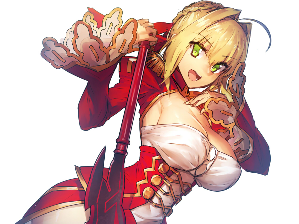 1girl :d aestus_estus ahoge armpits blonde_hair breasts cleavage commentary_request dress epaulettes fate/extella fate/extra fate_(series) green_eyes hair_intakes hair_ribbon juliet_sleeves large_breasts long_sleeves looking_at_viewer melon22 open_mouth puffy_sleeves red_dress red_ribbon ribbon saber_extra short_hair sideboob smile solo sword upper_body weapon