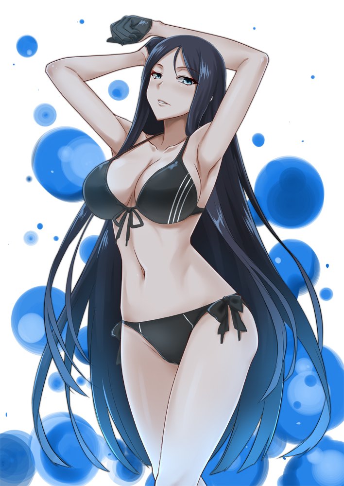 1girl aqua_eyes arms_behind_head arms_up bikini black_bikini black_gloves blue_eyes blue_hair blush breasts collarbone front-tie_bikini front-tie_top gloves gradient_hair kantai_collection large_breasts lips long_hair looking_at_viewer minarai multicolored_hair navel pale_skin ru-class_battleship shinkaisei-kan side-tie_bikini solo swimsuit very_long_hair