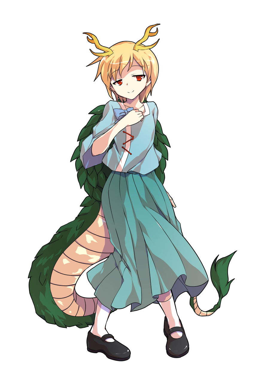 1girl alphes_(style) aqua_skirt black_footwear blonde_hair blue_bow blue_shirt bow closed_mouth collarbone commentary_request dairi dragon_girl dragon_horns dragon_tail eyebrows_visible_through_hair full_body hand_on_own_chest highres horns kicchou_yachie long_skirt looking_at_viewer mary_janes parody pleated_skirt red_eyes shirt shoes short_hair skirt smile socks solo standing style_parody tachi-e tail touhou transparent_background turtle_shell white_legwear