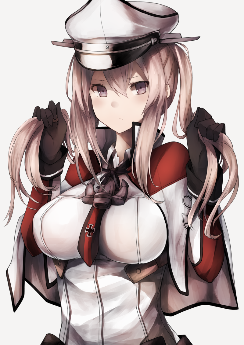 1girl anchor black_gloves black_necktie black_ribbon blonde_hair blush breasts closed_mouth gloves graf_zeppelin_(kantai_collection) hair_between_eyes hat inaba_sunimi iron_cross kantai_collection large_breasts long_hair long_sleeves looking_at_viewer mini_necktie necktie peaked_cap playing_with_own_hair ribbon shirt sidelocks simple_background solo twintails underbust upper_body violet_eyes white_background white_cape white_hat white_shirt