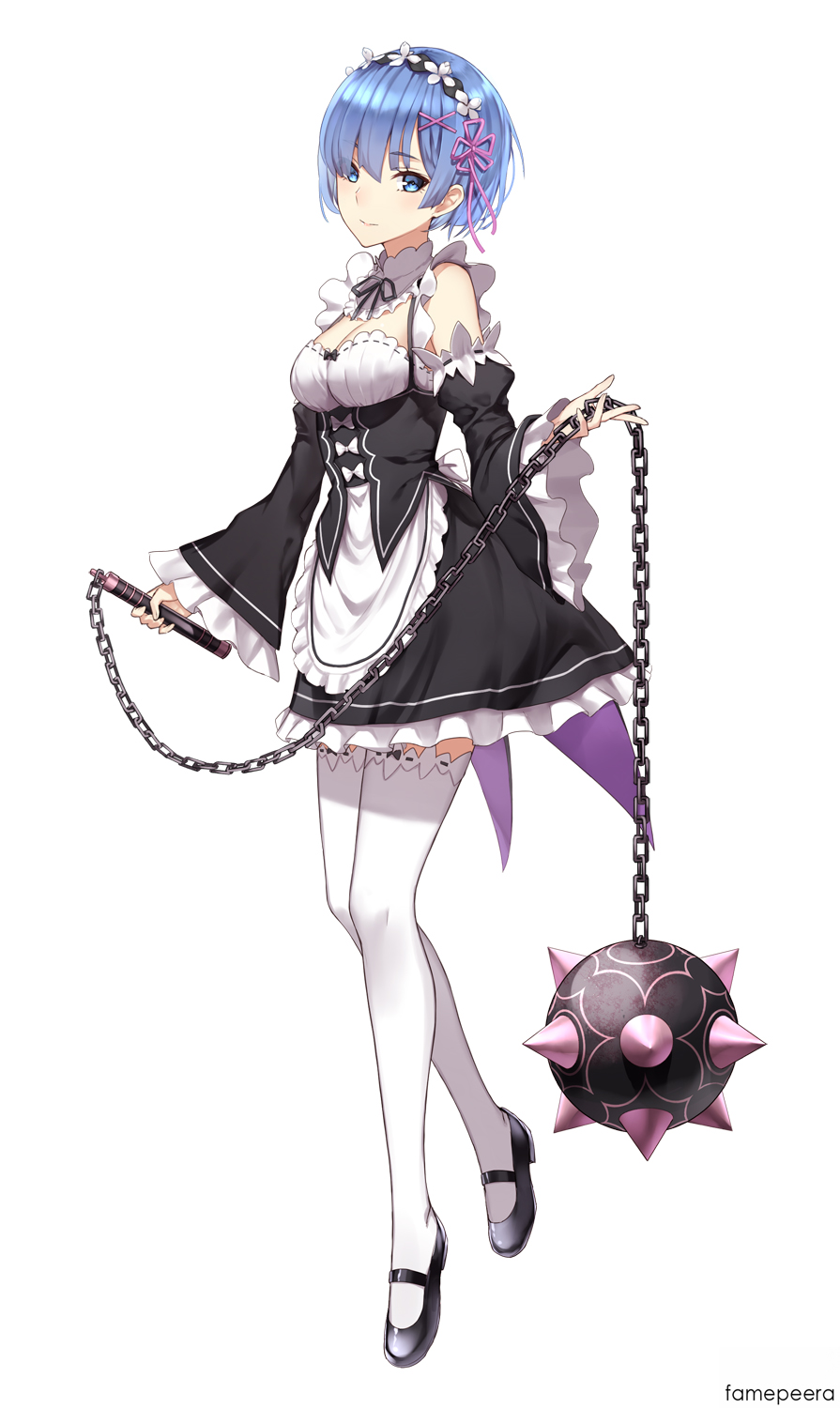 1girl apron black_dress blue_eyes blue_hair blush breasts cleavage detached_sleeves dress fame_peera flail frills full_body hair_ornament hair_over_one_eye hair_ribbon highres looking_at_viewer maid maid_headdress mary_janes medium_breasts morning_star re:zero_kara_hajimeru_isekai_seikatsu rem_(re:zero) ribbon shoes short_hair smile solo spike_ball spiked_mace thigh-highs waist_apron weapon white_legwear x_hair_ornament