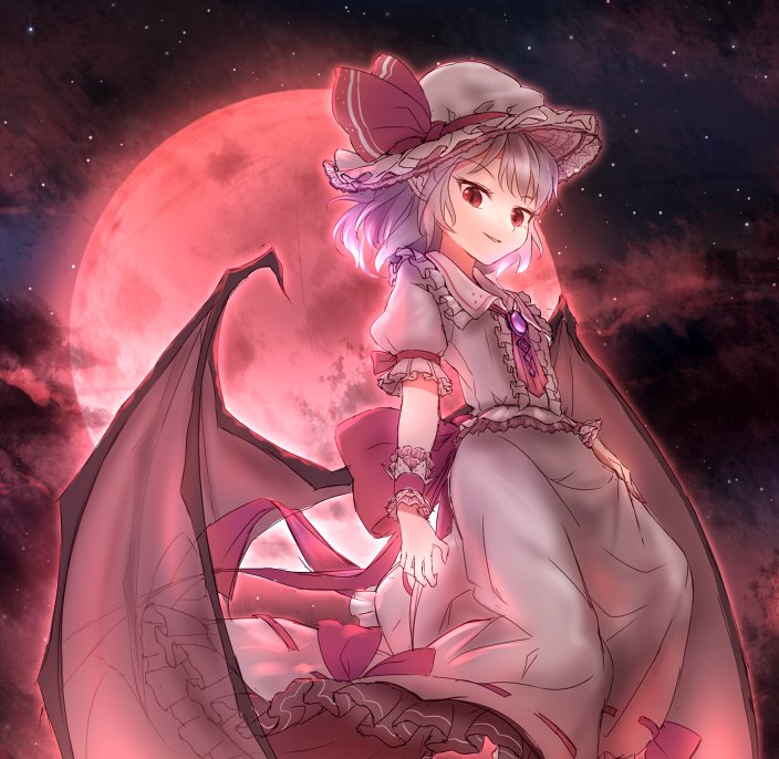 1girl ascot aura backlighting bat_wings brooch clouds floating frilled_shirt frilled_shirt_collar frilled_skirt frills from_side full_moon hand_on_own_thigh hat hat_ribbon jewelry looking_at_viewer looking_down minust mob_cap moon moonlight night night_sky pointy_ears purple_hair red_eyes red_moon remilia_scarlet ribbon ribbon-trimmed_skirt shirt short_hair skirt sky slit_pupils smile solo star_(sky) touhou transparent_wings wings wrist_cuffs