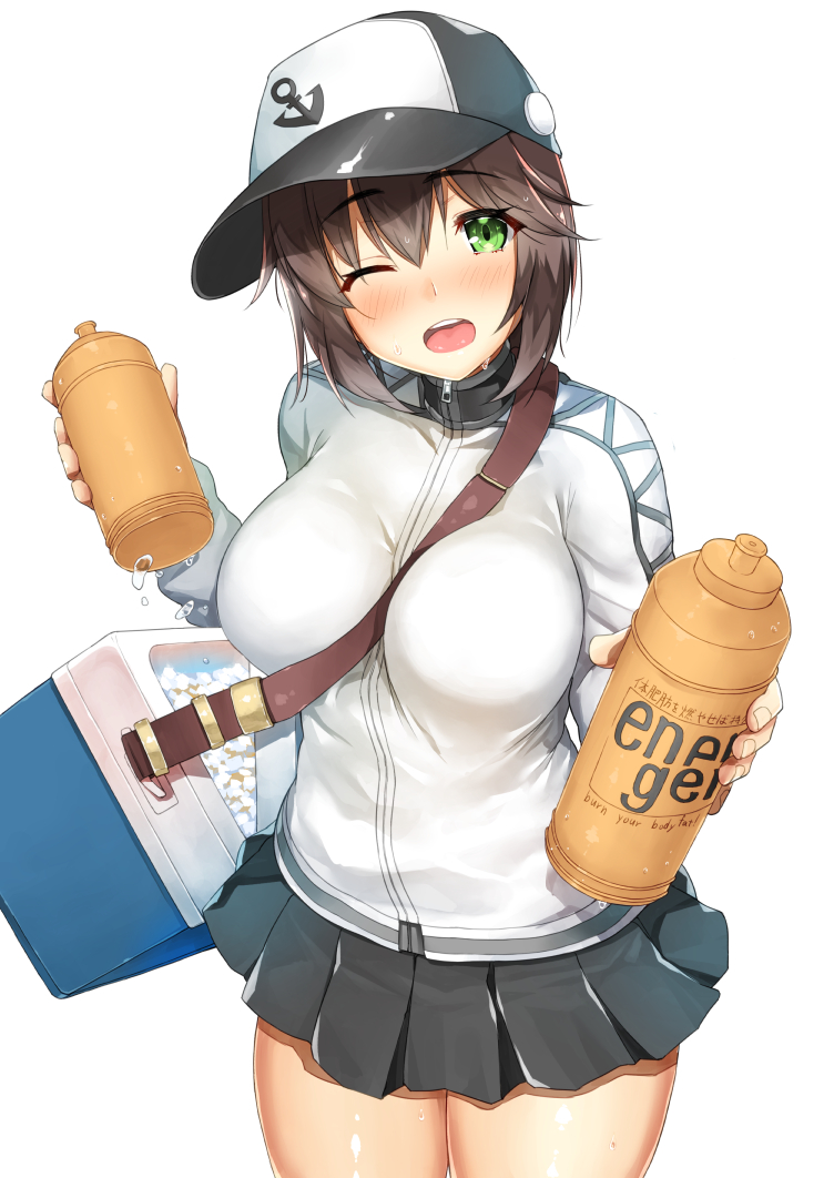 1girl ;d anchor_symbol baseball_cap black_hair black_skirt blush body_mahattaya_ginga bottle breasts commentary_request cooler eyebrows eyebrows_visible_through_hair green_eyes hat hayasui_(kantai_collection) hot jacket kantai_collection large_breasts long_sleeves looking_at_viewer one_eye_closed open_mouth pleated_skirt round_teeth short_hair simple_background skirt smile solo strap_cleavage sweat teeth track_jacket white_background zipper