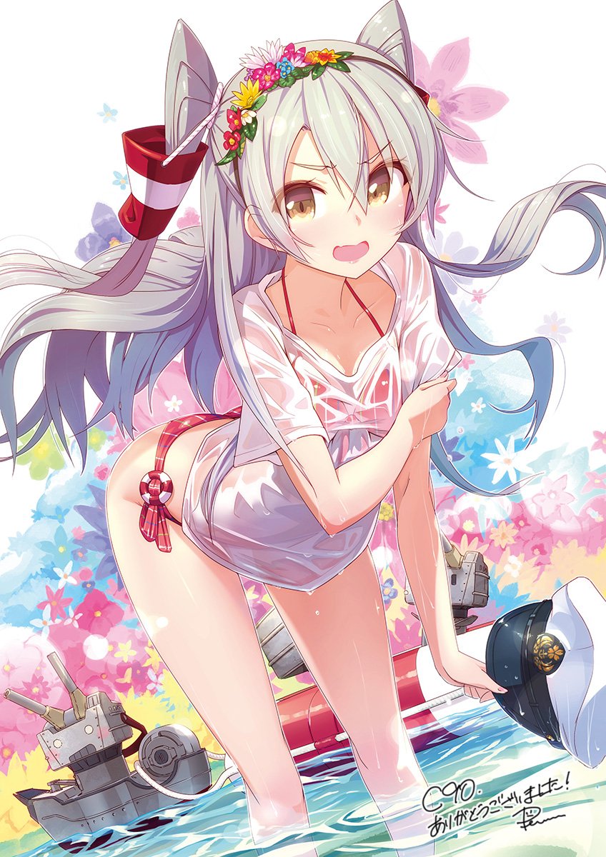 &gt;:d 1girl :d amatsukaze_(kantai_collection) angry bent_over bikini blush brown_eyes collarbone dripping floral_background flower hair_between_eyes hair_flower hair_ornament hair_tie hair_tubes hairband hat hat_removed headwear_removed highres holding holding_hat kantai_collection lifebuoy long_hair machinery o_o open_mouth peaked_cap pomon_illust red_bikini rensouhou-kun robot see-through shirt short_sleeves signature silver_hair smile solo swimsuit twintails very_long_hair wading water water_drop wet wet_clothes wet_hat wet_shirt white_hat white_shirt