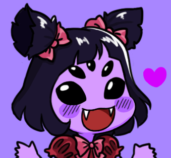 1girl black_eyes black_hair blush blush_stickers bow chibi extra_eyes fangs gyate_gyate hair_bow hands heart insect_girl lowres monster monster_girl muffet open_mouth puffy_sleeves purple_background purple_skin short_twintails simple_background smile solo spider_girl twintails undertale upper_body yaruky