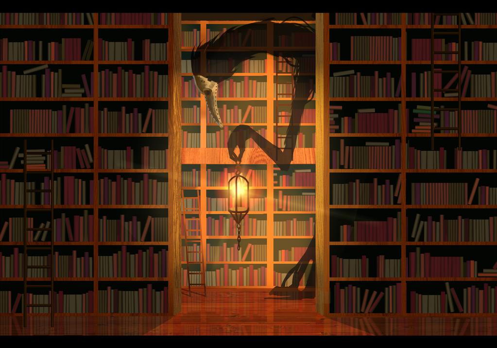 book indoors ladder lantern library mask monster no_humans original plague_doctor_mask rur_(ml_ruru) spirit