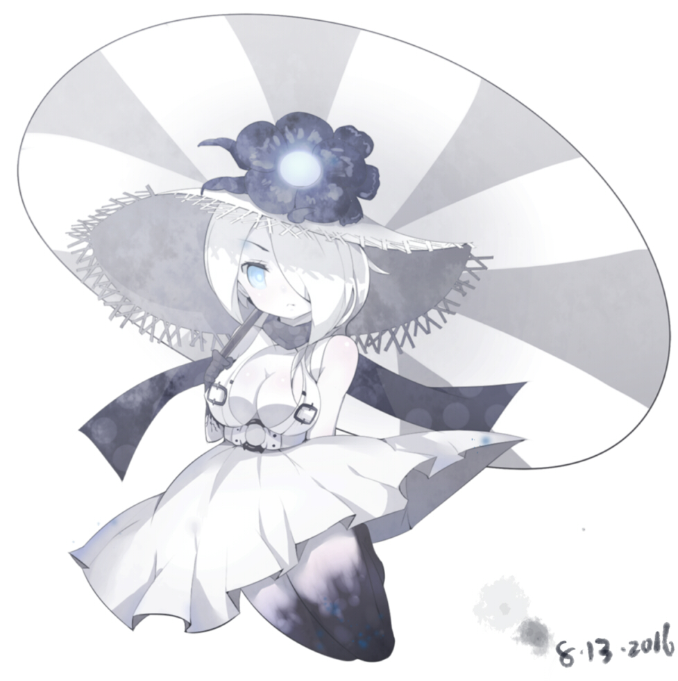 1girl 2016 :&lt; bare_shoulders black_gloves black_legwear blue_eyes breasts cer_(cerber) cleavage closed_mouth dated female flower full_body gloves hair_over_one_eye hat hat_flower holding holding_umbrella kantai_collection large_breasts long_hair seaport_summer_hime shinkaisei-kan simple_background solo sun_hat thigh-highs umbrella white_background white_hair white_hat white_skin zettai_ryouiki