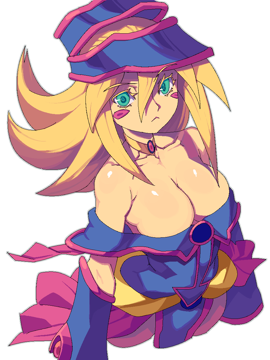 1girl bare_shoulders blonde_hair breasts cape choker cleavage dark_magician_girl duel_monster female green_eyes hat large_breasts long_hair looking_at_viewer magician_girl metata shiny shiny_skin wizard_hat yu-gi-oh! yuu-gi-ou_duel_monsters