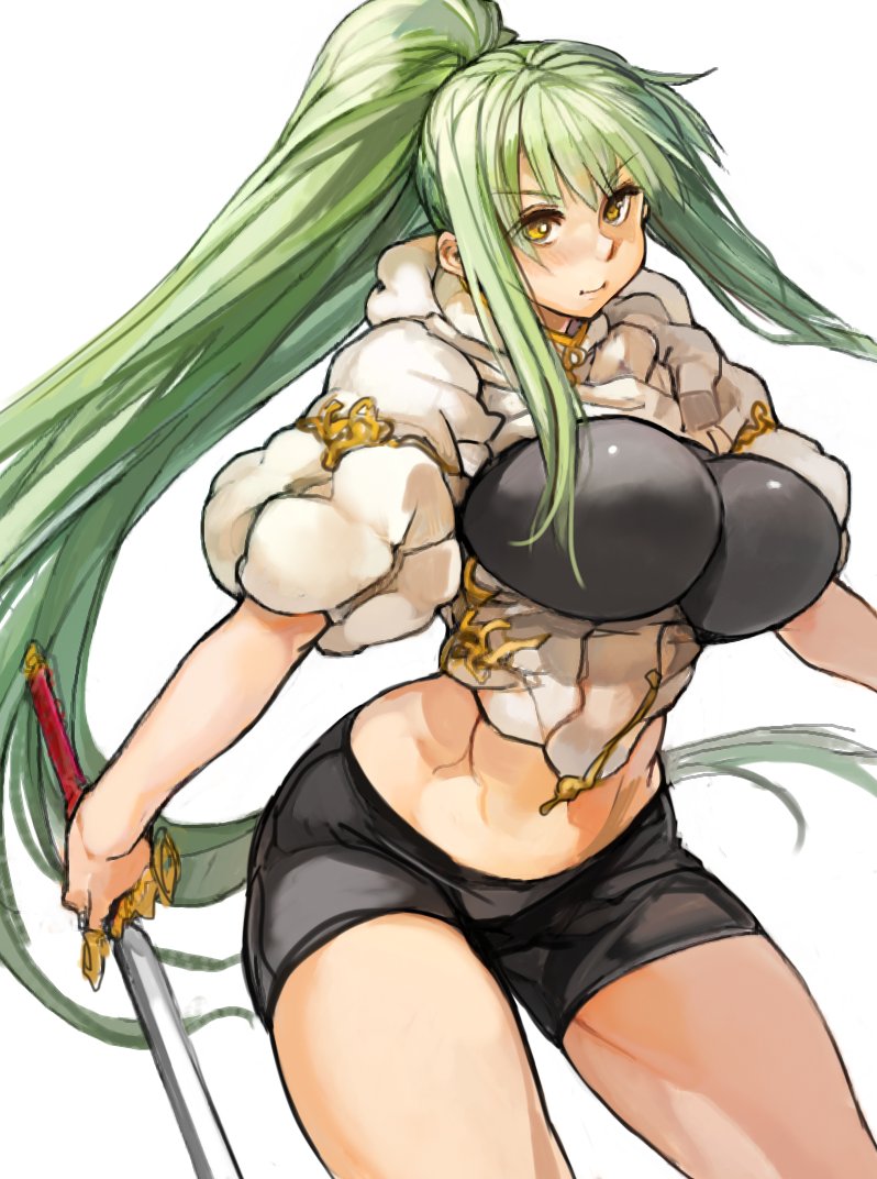 1girl blush breasts curvy green_hair holding holding_sword holding_weapon large_breasts long_hair looking_at_viewer midriff navel original ponytail sachito simple_background smile solo sumi-chan_(sachito) sword thick_thighs thighs very_long_hair weapon white_background yellow_eyes