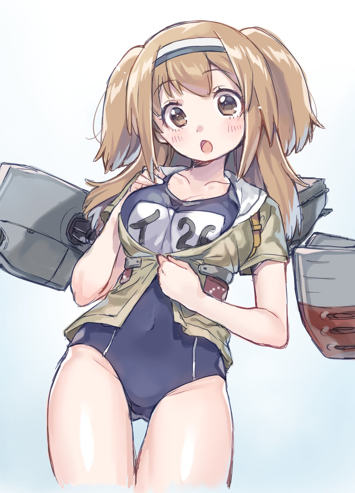 1girl :o blue_background blush breasts cleavage clothes_writing collarbones hairband highres i-26_(kantai_collection) kantai_collection light_brown_hair long_hair machinery name_tag new_school_swimsuit open_mouth rojiko sailor_collar school_swimsuit short_sleeves simple_background solo swimsuit swimsuit_under_clothes two_side_up white_background