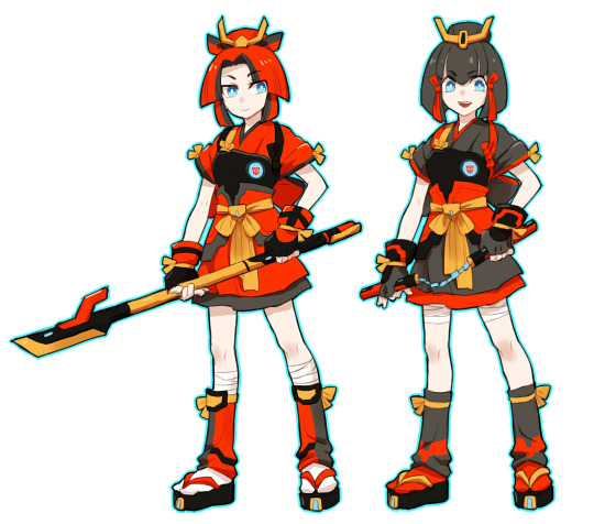 2girls black_hair genderswap japanese_clothes jetstorm multiple_girls personification redhead slipstream transformers weapon
