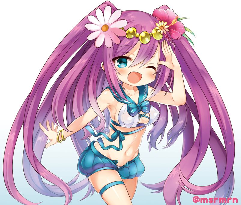 :d armpits bikini_top blue_eyes bracelet breasts flower hair_flower hair_ornament jewelry lakshmi_(p&amp;d) long_hair marshmallow_mille navel one_eye_closed open_mouth panties purple_hair puzzle_&amp;_dragons salute shorts sideboob skindentation smile thigh_strap twitter_username two_side_up underwear very_long_hair