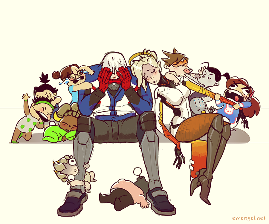 &gt;:o :o baby biting child crying d.va_(gremlin) d.va_(overwatch) e.m._engel facepalm family fighting genji_(overwatch) hanzo_(overwatch) junkrat_(overwatch) lucio_(overwatch) mei_(overwatch) mercy_(overwatch) nose_bubble overwatch pantyhose parent_and_child roadhog_(overwatch) sleeping soldier:_76_(overwatch) tongue tongue_out tracer_(overwatch) widowmaker_(overwatch) zenyatta_(overwatch)