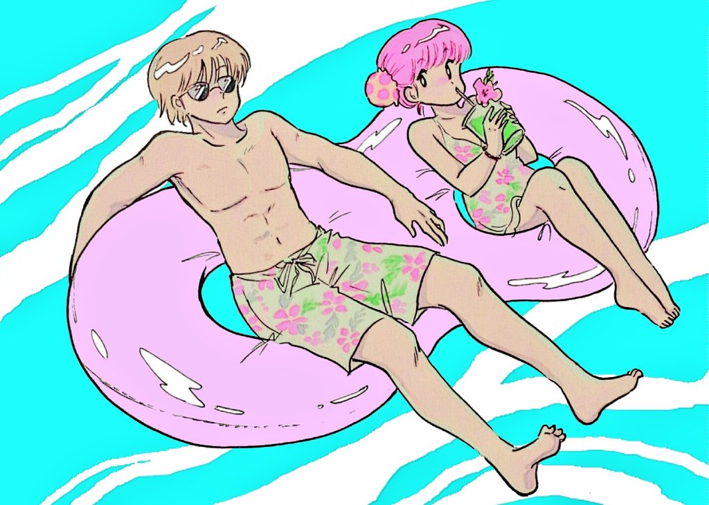 1boy 1girl brown_hair double_bun drinking floral_print gintama glasses innertube kagura_(gintama) male_swimwear okita_sougo oldschool one-piece_swimsuit pink_hair rumdaword sitting sunglasses swim_trunks swimsuit swimwear water