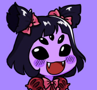 1girl black_eyes black_hair blush blush_stickers bow chibi extra_eyes fangs gyate_gyate hair_bow insect_girl lowres monster monster_girl muffet open_mouth puffy_sleeves purple_background purple_skin short_twintails simple_background smile solo spider_girl twintails undertale upper_body yaruky